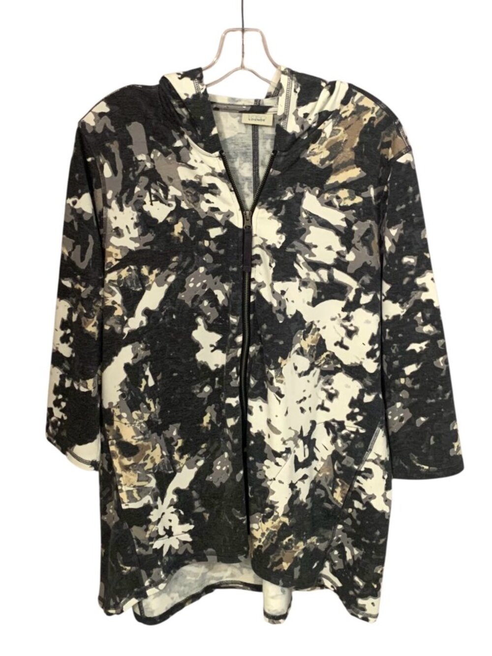 LOGO LOUNGE by Lori Goldstein Gray + White Camo Print Hooded Zip-Up Jacket 1X